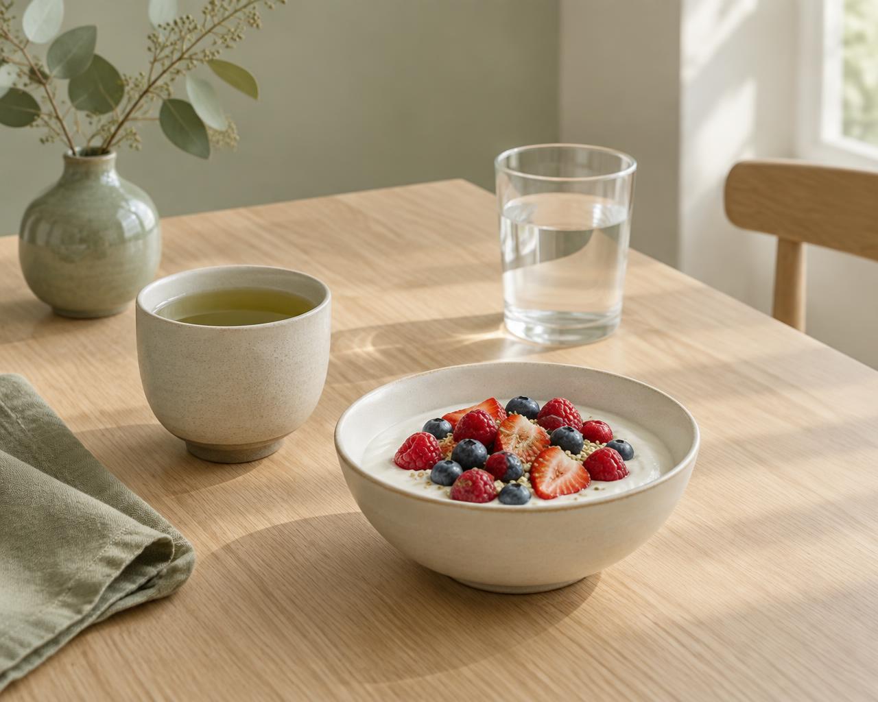 Morning tea, water and a bowl of berries on a wooden table